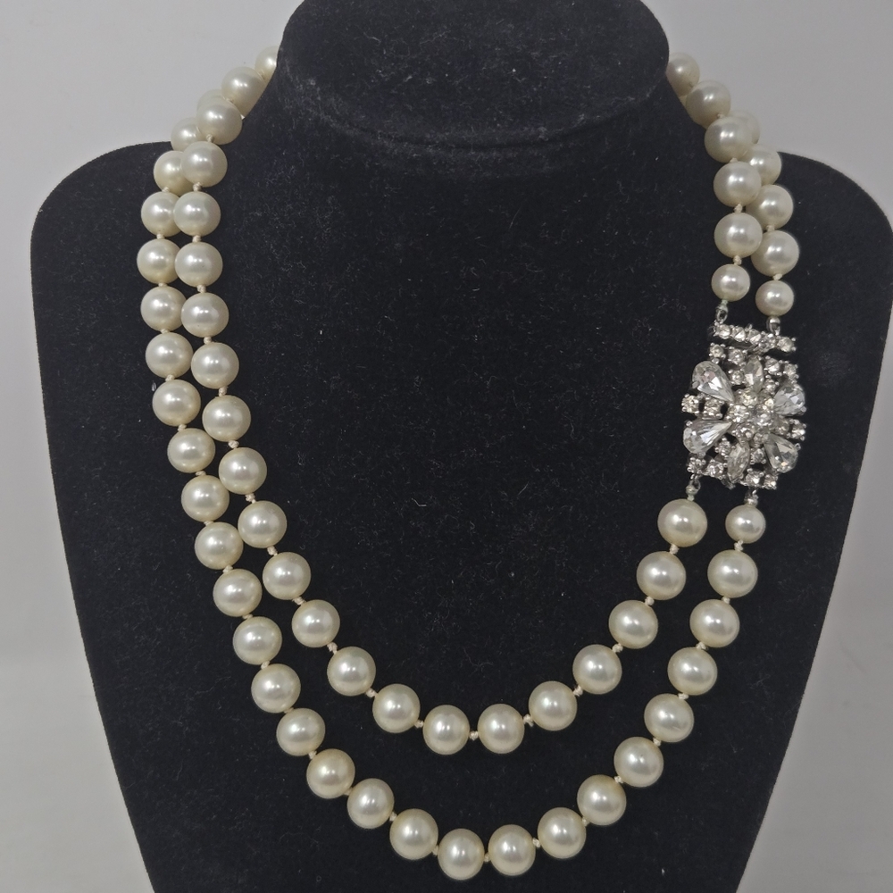 Signed Vintage JOSEPH MAZER Double Strand Faux Pearl Rhinestone‎ Clasp Necklace